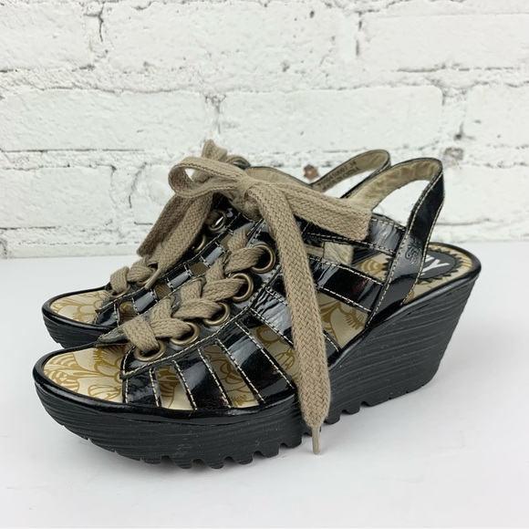 Fly London Yito Patent Black Leather Lace Up Wedge Sandals 36 - Picture 1 of 13